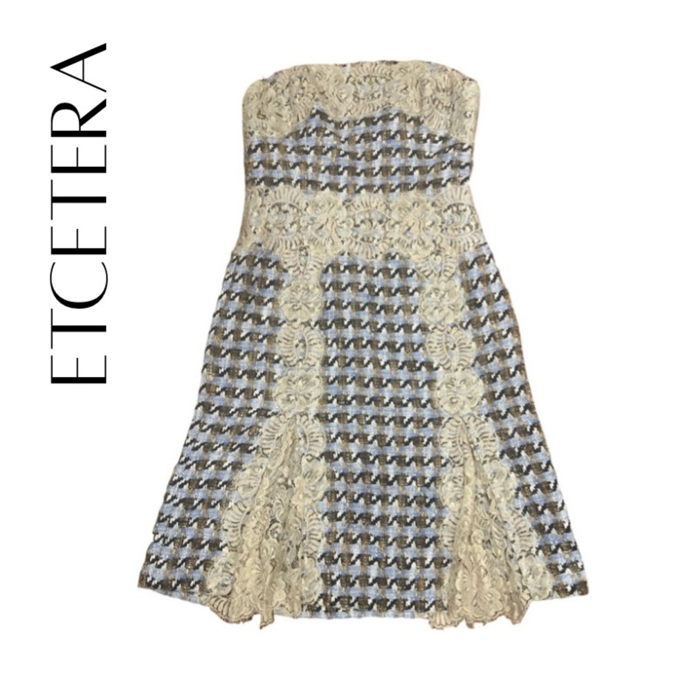 Etcetera Strapless Blue Tweed & Lace Dress